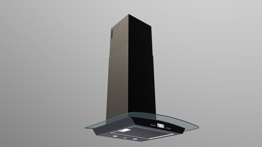 En modern köksfläkt med slank svart skorstensdesign och en distinkt glaspanelkåpa, digitala kontroller och integrerad belysning, som exemplifierar modern köksventilation.