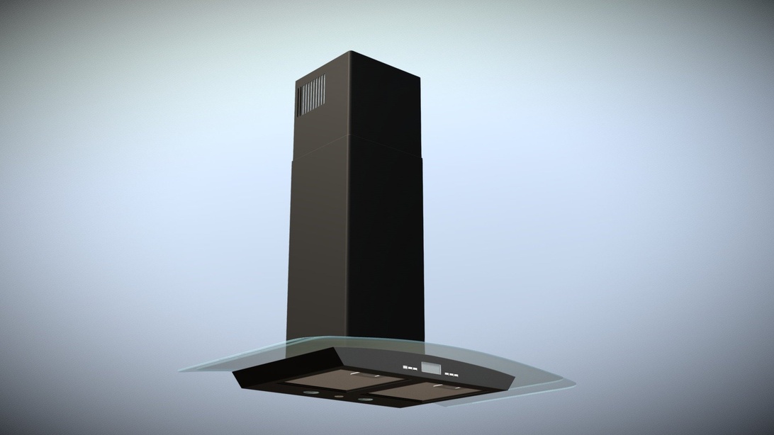 En sofistikerad svart modern köksfläkt med hög skorstensdesign och böjd glaskåpa, digital kontrollpanel och integrerad belysning, vilket representerar aktuella trender inom premium köksventilation.